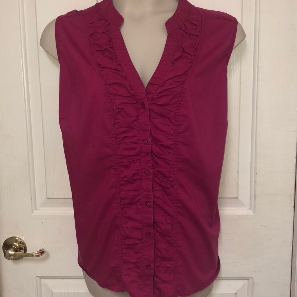 Button Down Ruffle Fuchsia Sleeveless Blouse